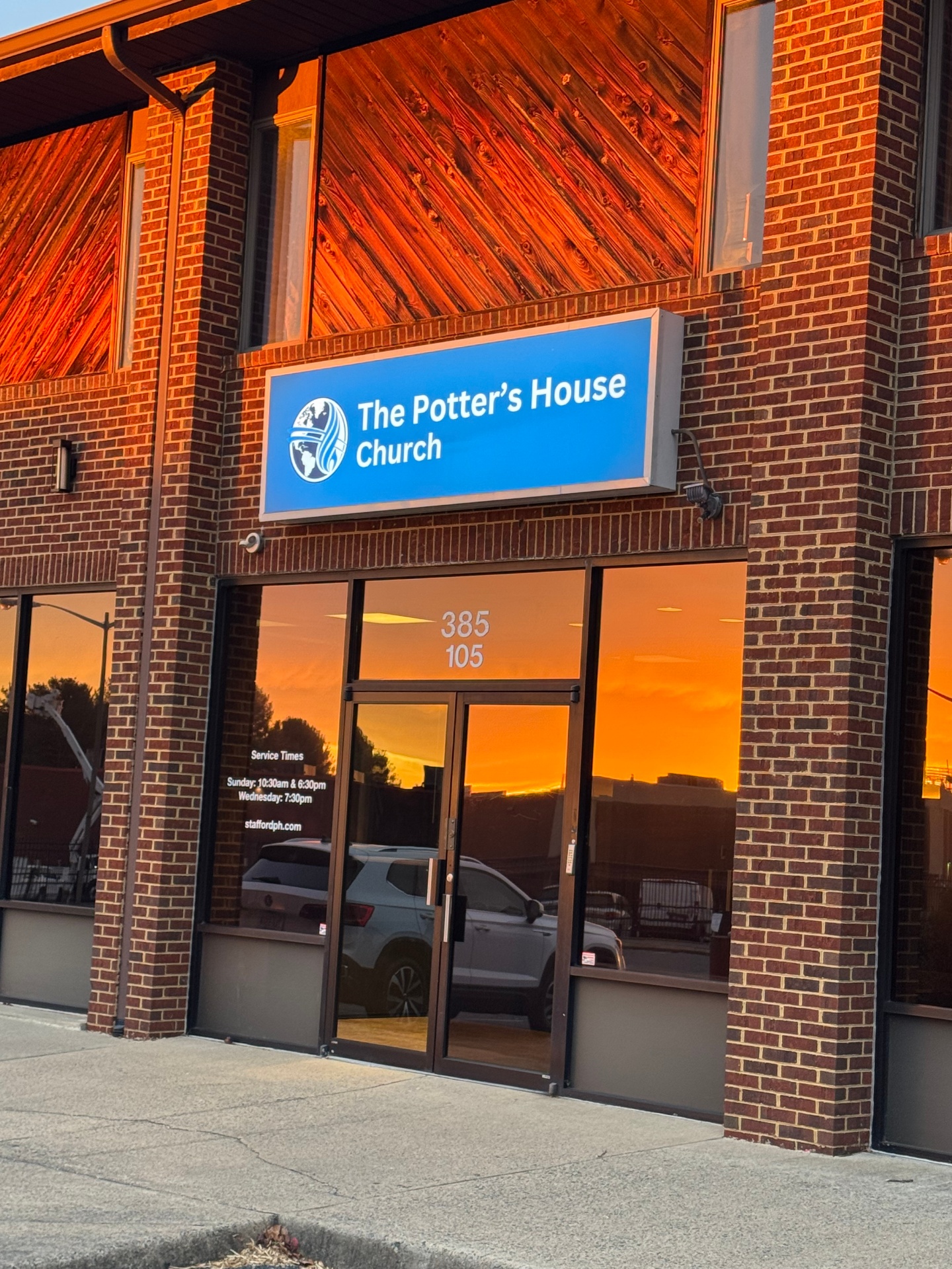 The Potter's House Stafford church entrance at sunset